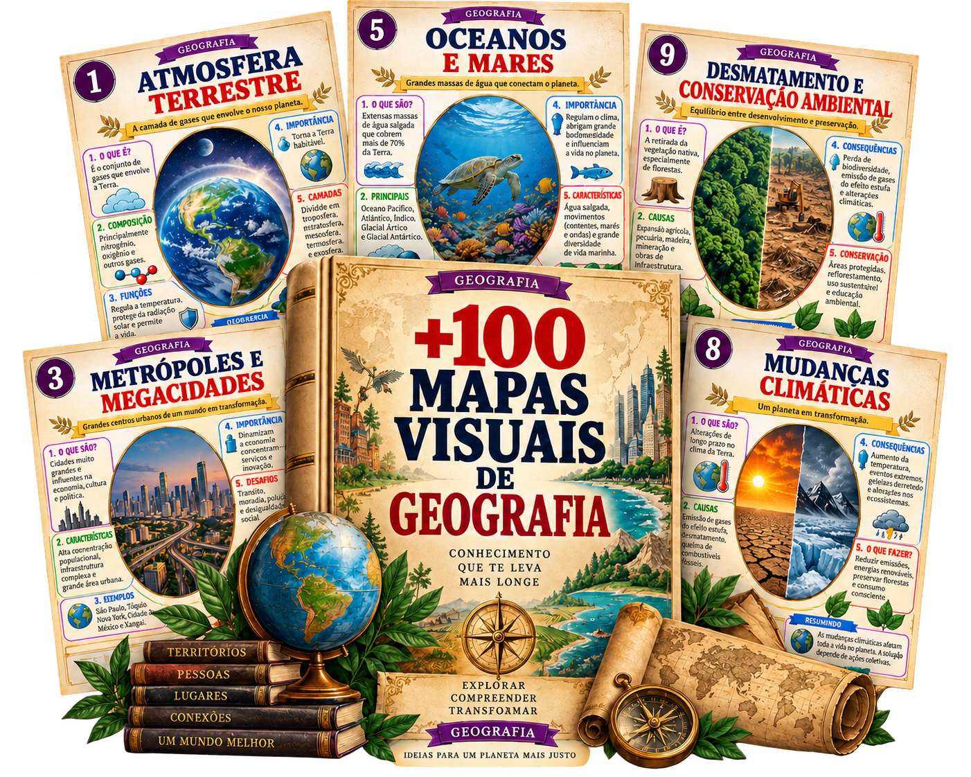 Mockup da coleção +100 Mapas Visuais de Geografia